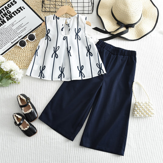 Girls' Bow-knot Printing Trousers Set