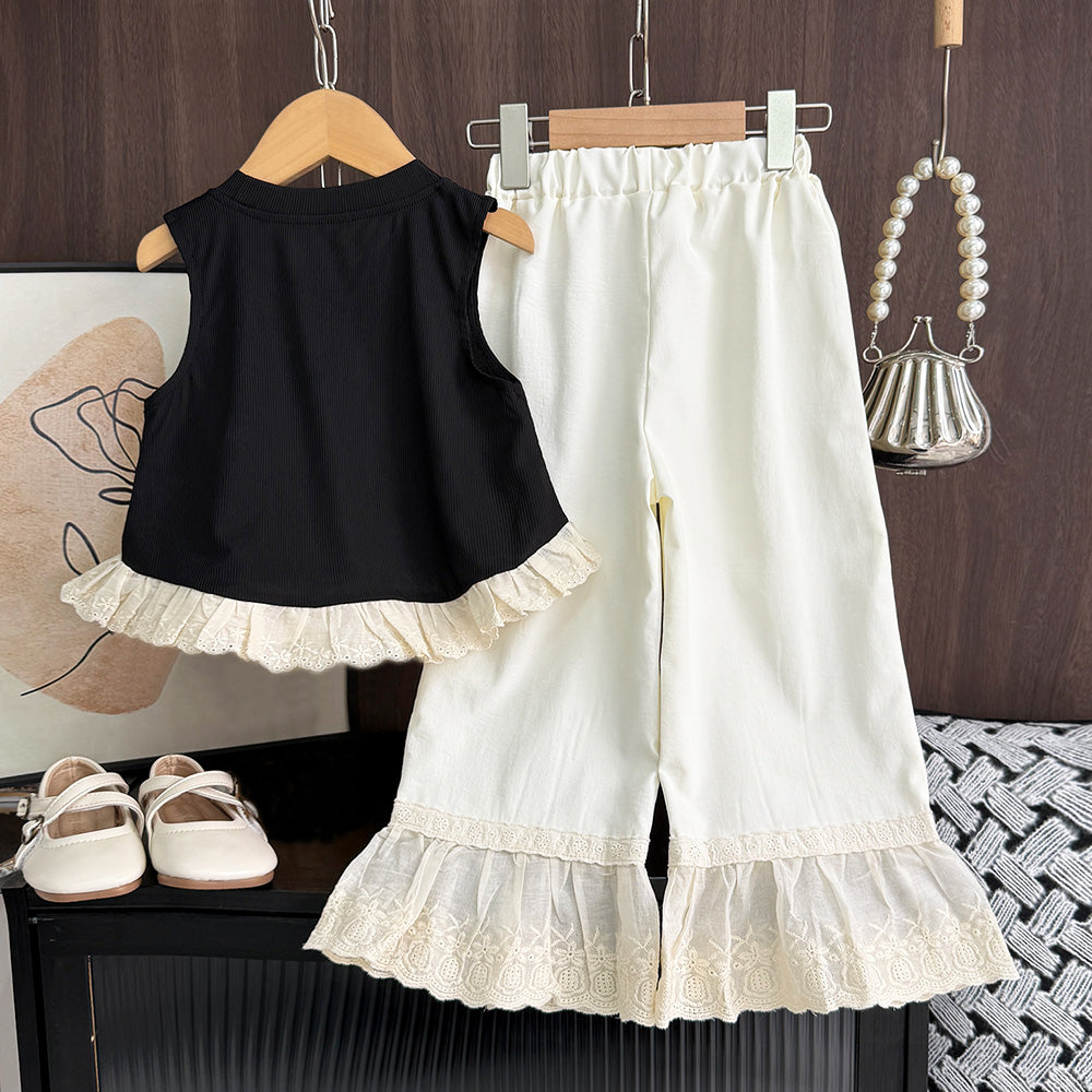 Girls' Bow-knot Lace Top+Trousers Princess Set
