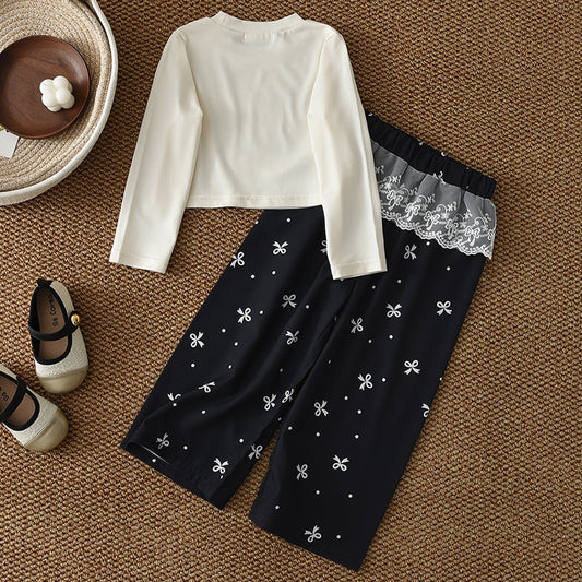 Girls' Long Sleeve T-shirt+Lace Printing Trousers Set