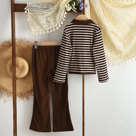 Girls' Classic Stripes Zip Coat+Flared Trousers Teen Set