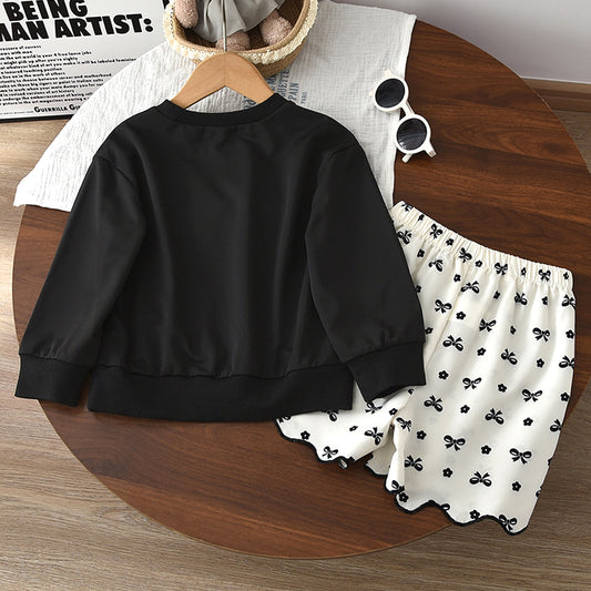 Girls' Bow-knot Sweatshirt+Shorts Cute Set