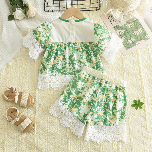 Girls' Printing Lace Shorts Set