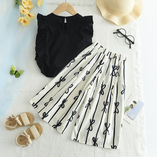 Girls' Ruffle Shirt+Bow-knot Printing Pant Elegant Set