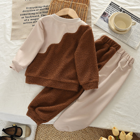 Teddy Velvet Irregular Contrast Colors Sweatshirt Set Fashion Kid Clothes