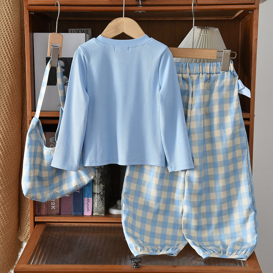 Girls' Long Sleeve T-shirt Plaid Lantern Pants+Free Bag 3pcs Set