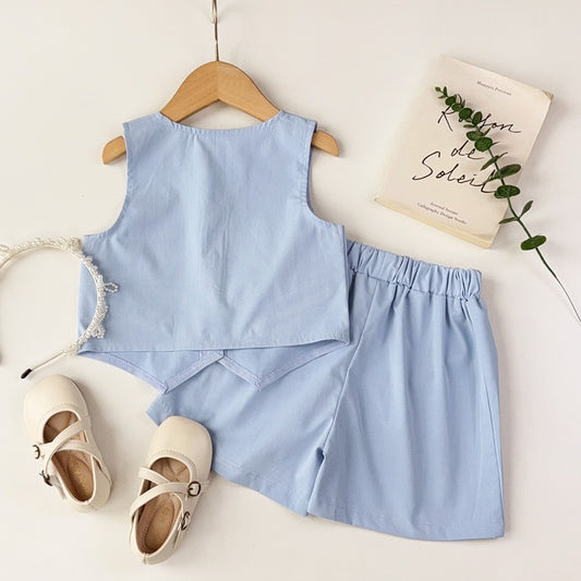 Girls' V-neck Top+Shorts Vintage Set