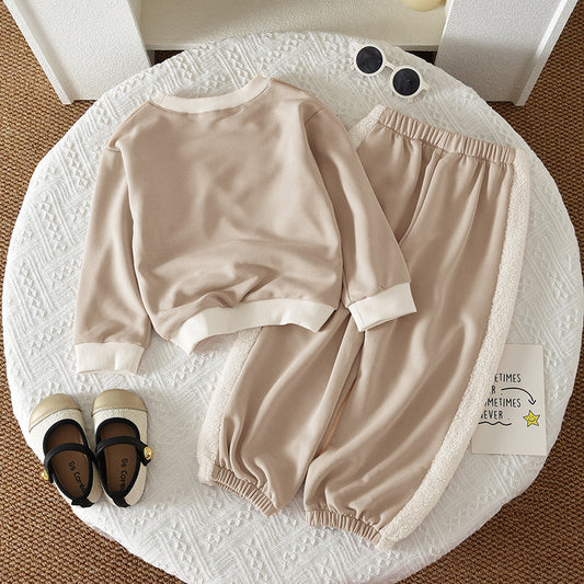 Girls'&Boys' Letters Flannelette Patchwork Sweatshirt Set