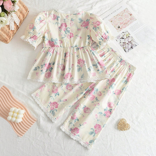 Girls' Floral Printing Lace Organic Cotton Pajamas