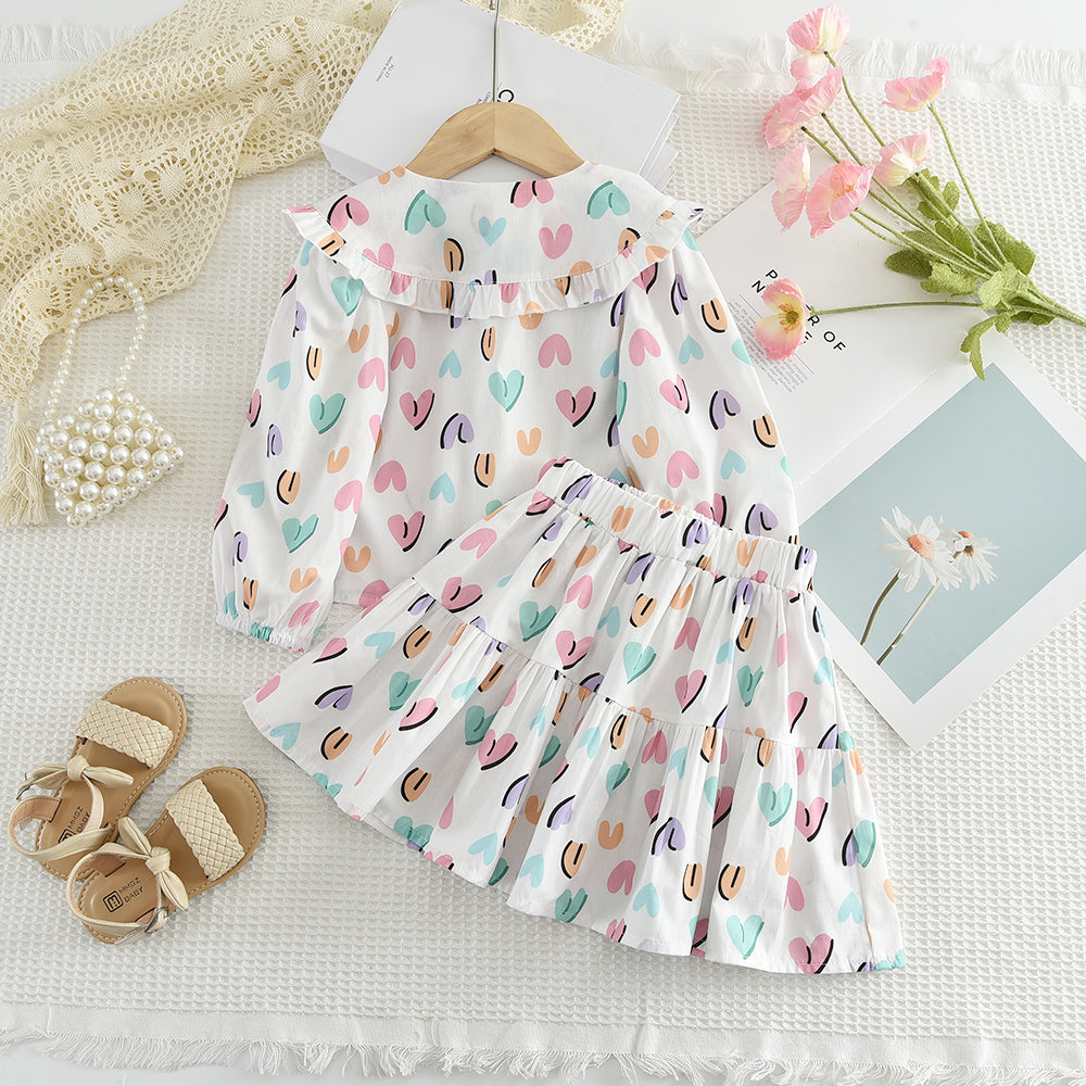 Girls' Bow-knot Printing Shirt+Patchwork Skirt Set