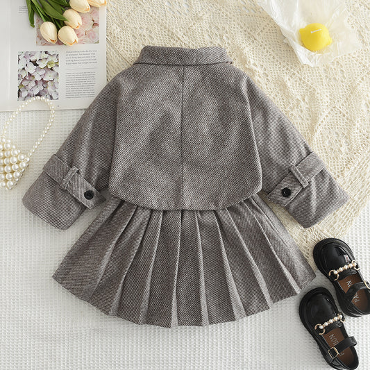 Girls' Coat+Pleated Skirt Vintage Set