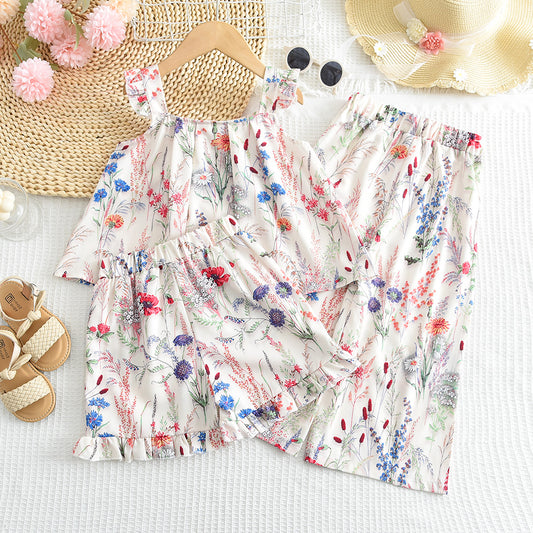 Girls' Floral Printing Shorts Trousers 3pcs Pajamas Set