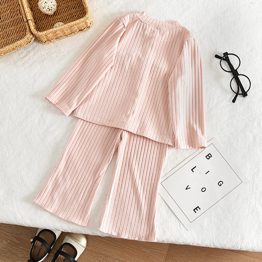Girls' Ribbed Cardigan+Trousers Cute Baby Pajamas Set