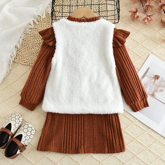 Girls' Knitted Dress+Fluffy Waistcoat Baby Set