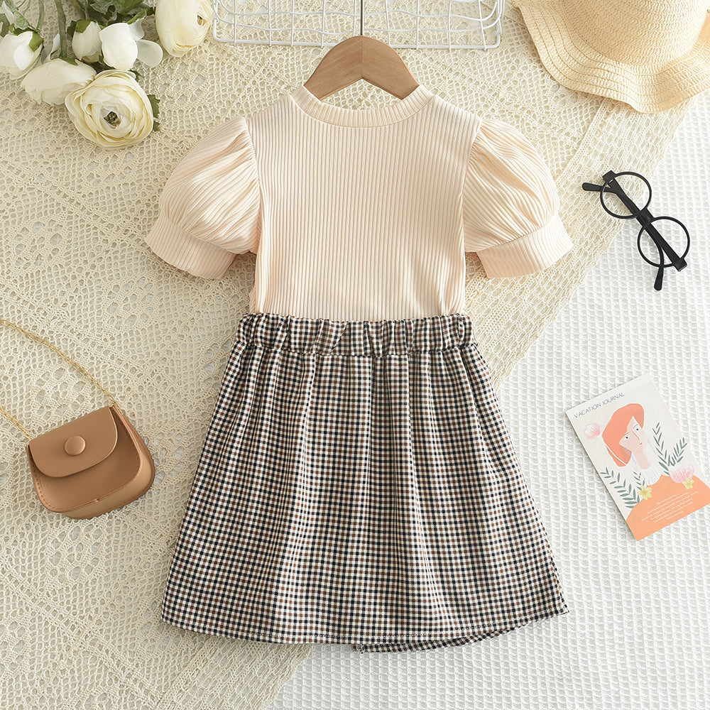 Girls' Elastic T-shirt+Pleated Skirt Vintage Set