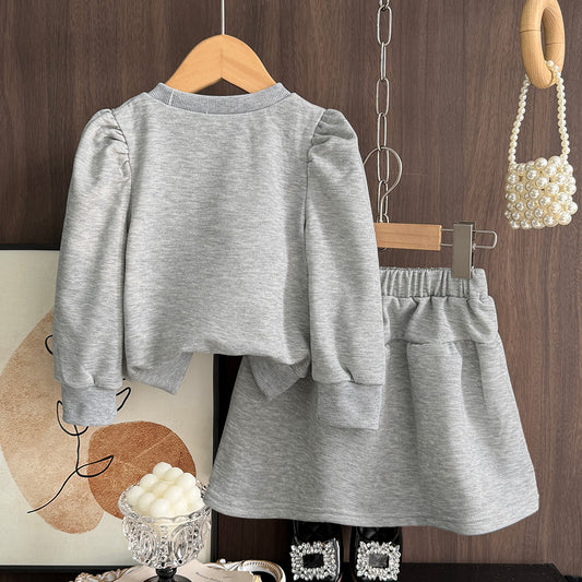 Girls' Cartoon Letter Top+Bow-knot Skirt Set