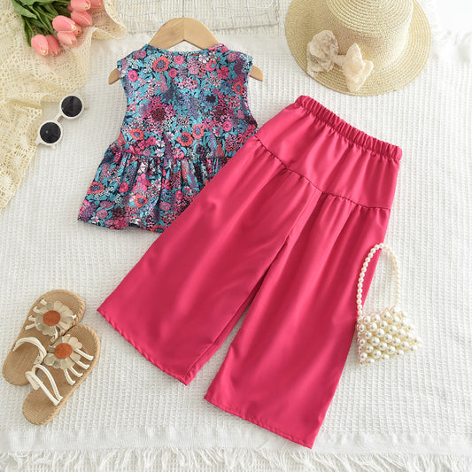 Girls' Floral Printing Top+Trousers Set