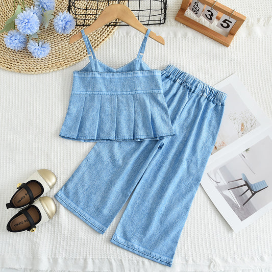 Girls' Fake Jean Sun-top Trousers Fashion Set