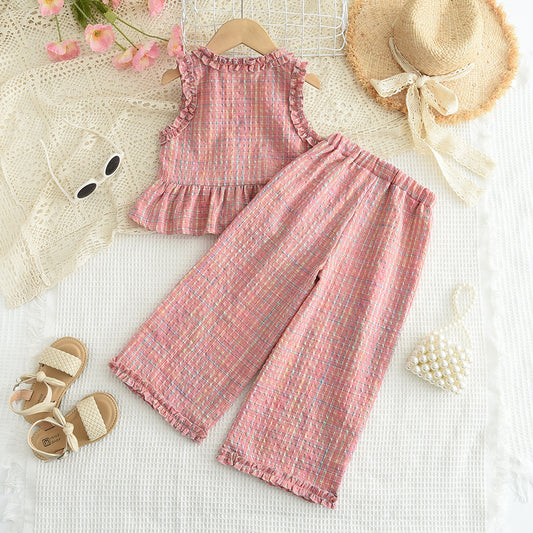 Girls' Ruffle Plaid Contrast Colors Vacation Set