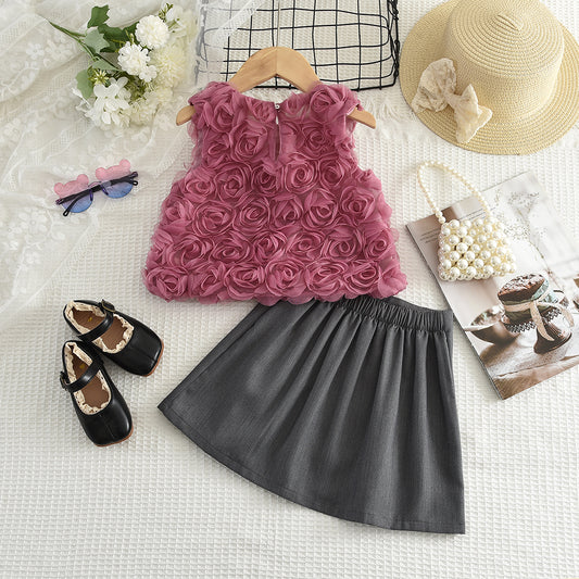 Girls' Rose Top+Cute Skirt Fashion Set