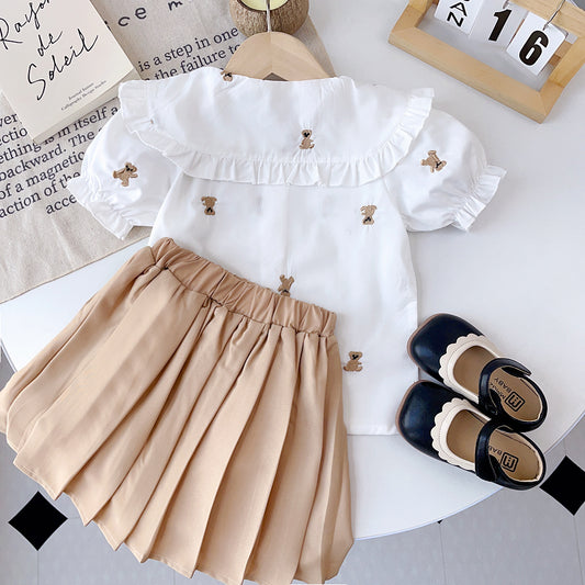 Girls' Cartoon Embroidery Shirt+Skirt Set