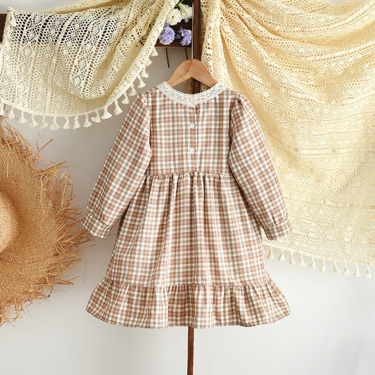 Girls' Lace Patchwork Plaid Vintage Dress