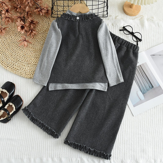 Girls' Long Sleeve T-shirt+Waistcoat+Pant 3PCS Set