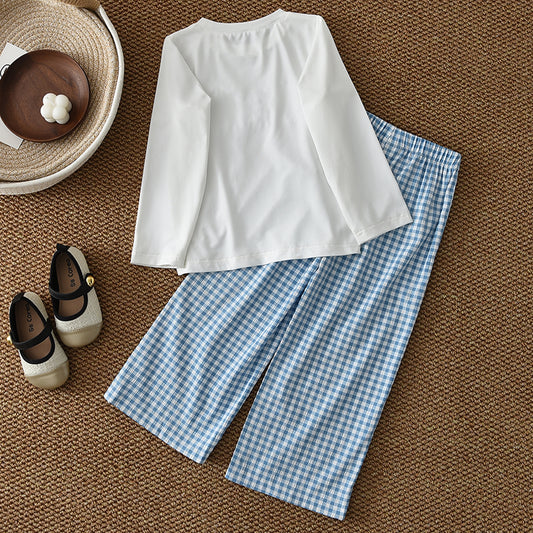 Girls' Bow-knot T-shirt+Plaid Trousers Set