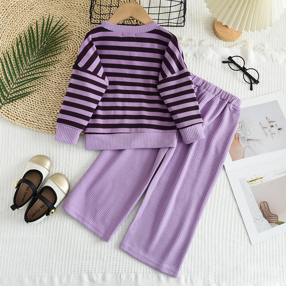 Girls' Contrast Colors Stripes Classic Casual Set