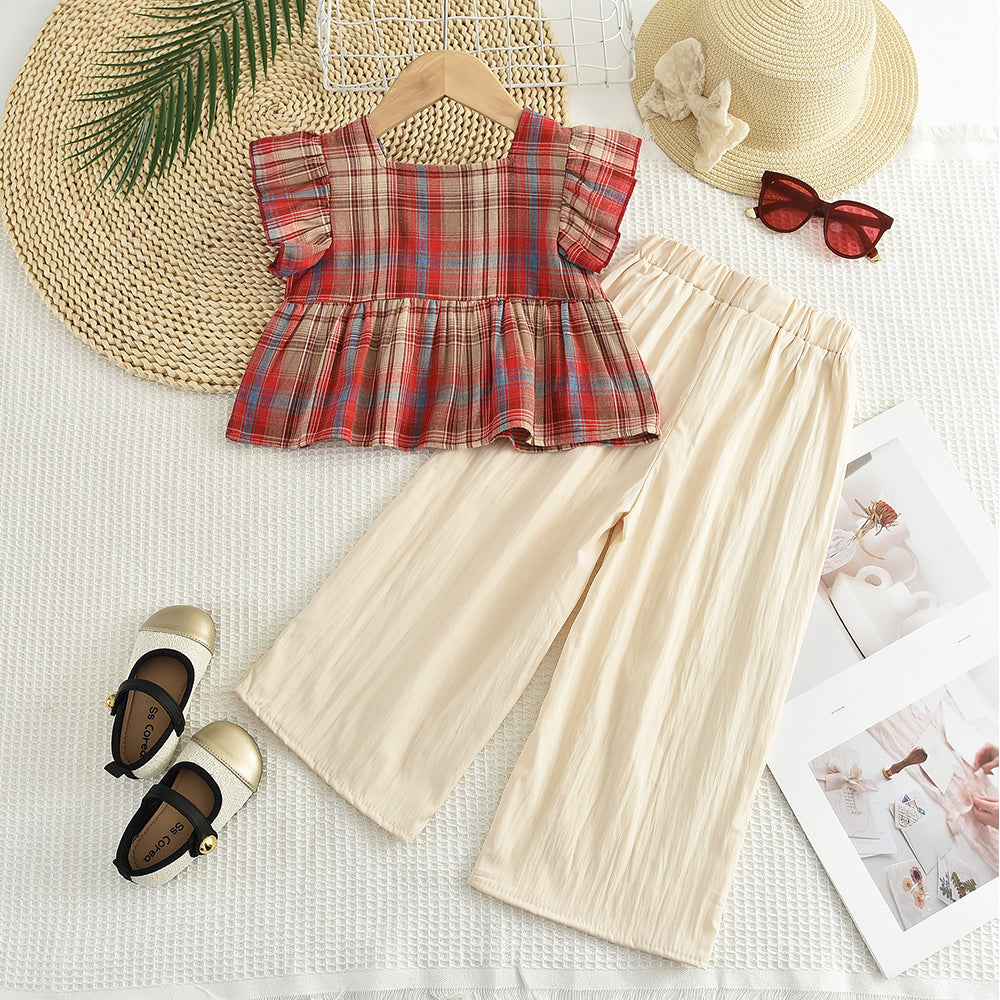 Girls' Contrast Colors Plaid Shirt+Loose Pant Set