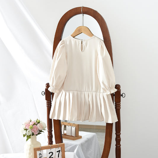 Girls' Long Sleeve Flowers Pleated Dress
