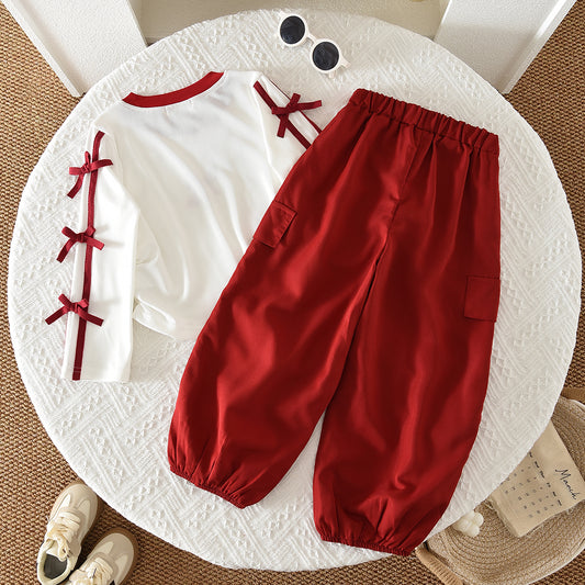 Girls' Bow-knot Letters T-shirt+Trousers Street Set