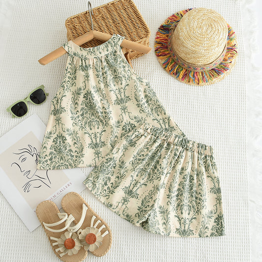 Conjunto de vacaciones con estampado étnico para niñas
