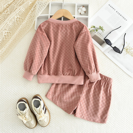 Girls' Plaid Pattern Shorts Casual Set