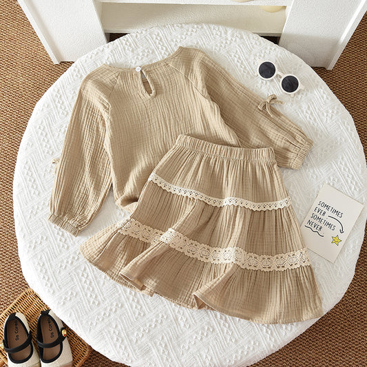 Girls' Pure Cotton Long Sleeve Blouse Lace 2pcs Set