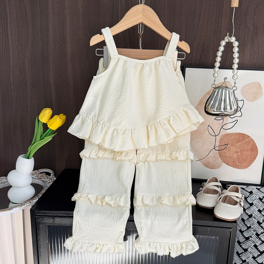 Girls' Bow-knot Sun-top+Ruffle Pant Set