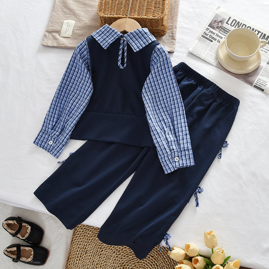 Girls' Patchwork Plaid Blouse Bow Trousers Stylish Outfit