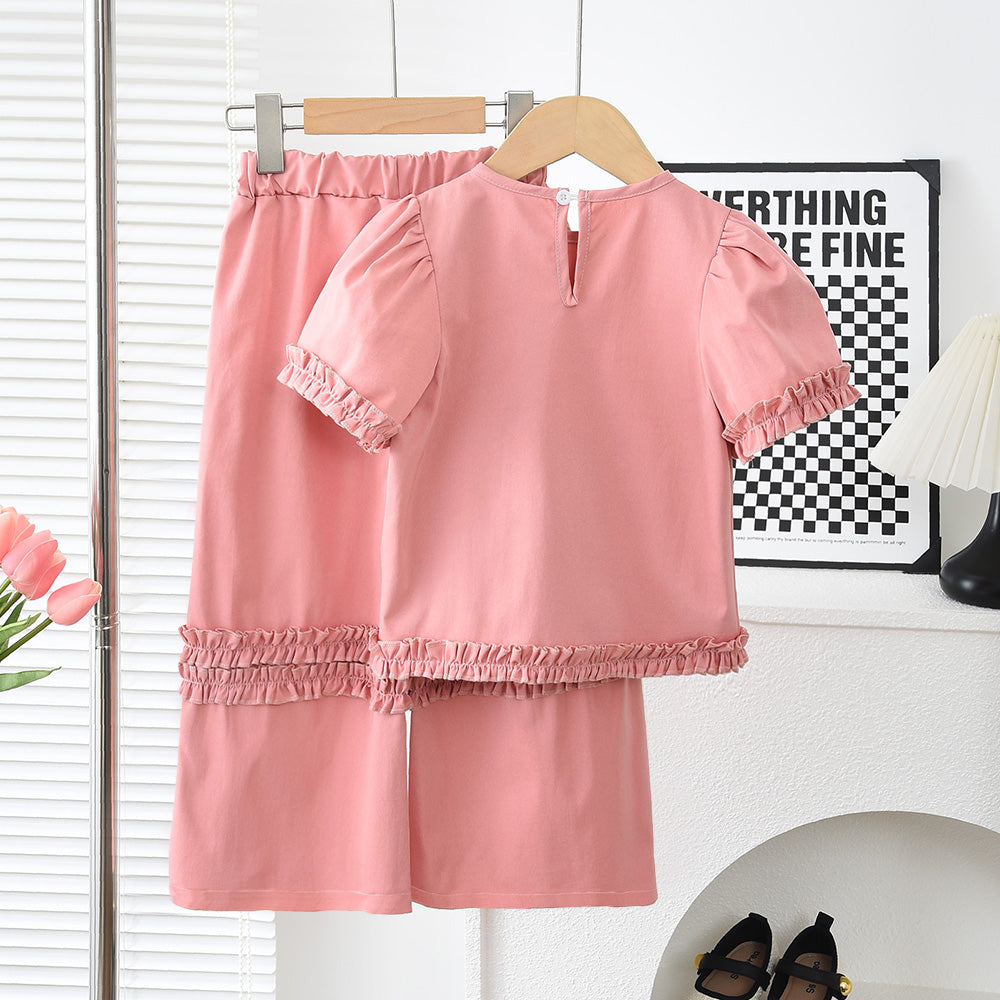 Girls' Ruffle T-shirt+Pant Casual Set