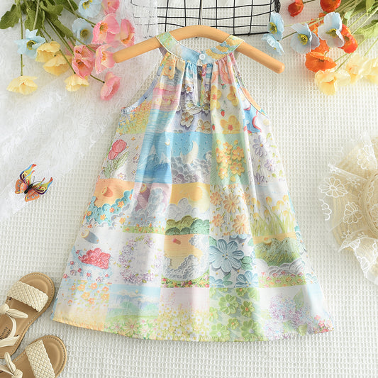Girls' Oil Painting Printing Vacation Sun Dress