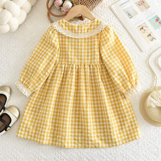 Girls' Lace Plaid Pattern Cute Dress