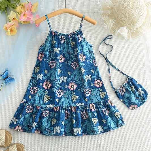 Girls' Floral Printing Sun Dress with A Bag