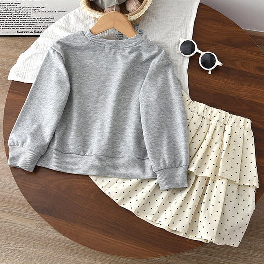Girls' Cartoon Bow-knot Sweatshirt+Dots Skirt Set