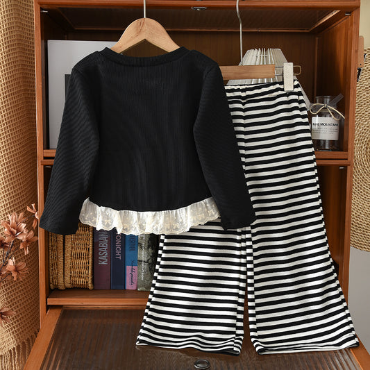 Girls' Long Sleeve Lace T-shirt Stripes Trousers Set