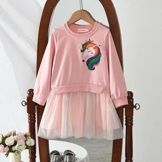 Girls' Cartoon Unicorn Patchwork Mesh Dress
