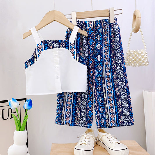 Girls' Ethnic Style Tassels Sun-top+Trousers Set