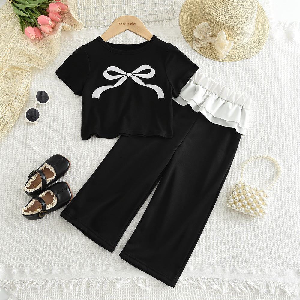 Girls' Bow-knot T-shirt+Trouser Set