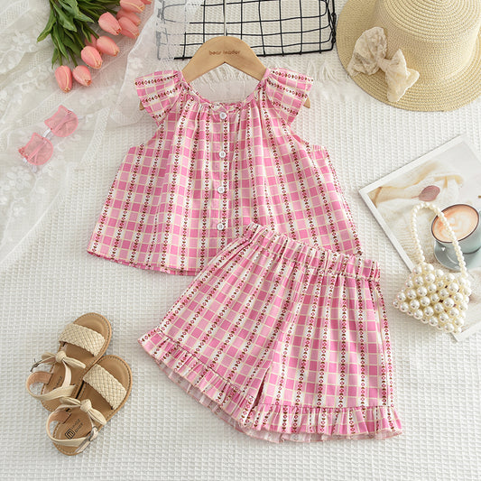 Girls' Floral Embroidery Ruffle Cotton Set