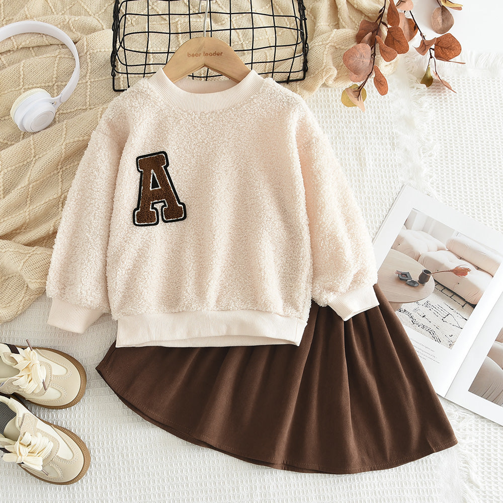 Girls' Letter Plush Top+Skirt Casual Set