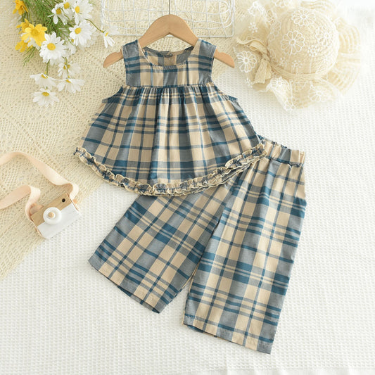 Girls' Plaid Sleeveless Top+Pant 2PCS Set