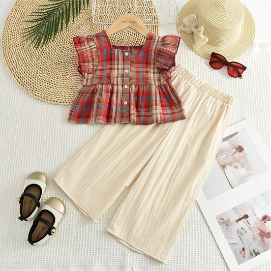 Girls' Contrast Colors Plaid Shirt+Loose Pant Set