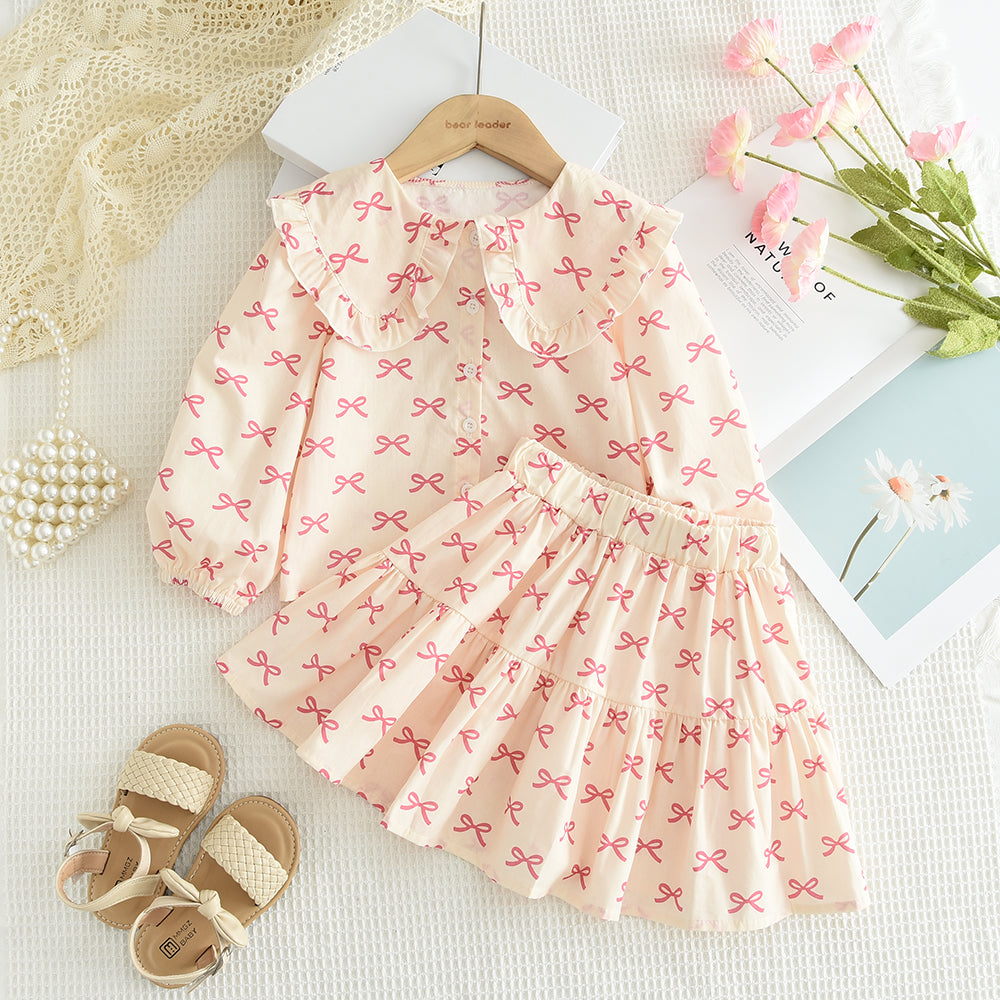 Girls' Bow-knot Printing Shirt+Patchwork Skirt Set